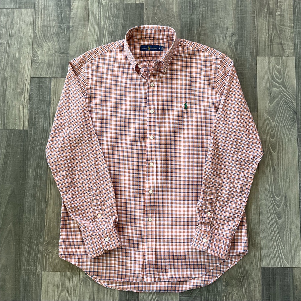 Ralph Lauren Button Down Shirt
Pony logo
Men’s Large 
Orange Green White Blue